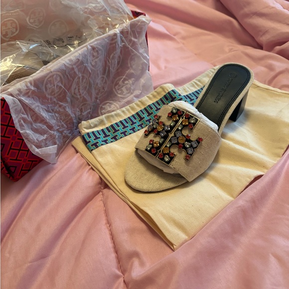 Tory Burch Cream Mules with Embellished Detail - Picture 5 of 10